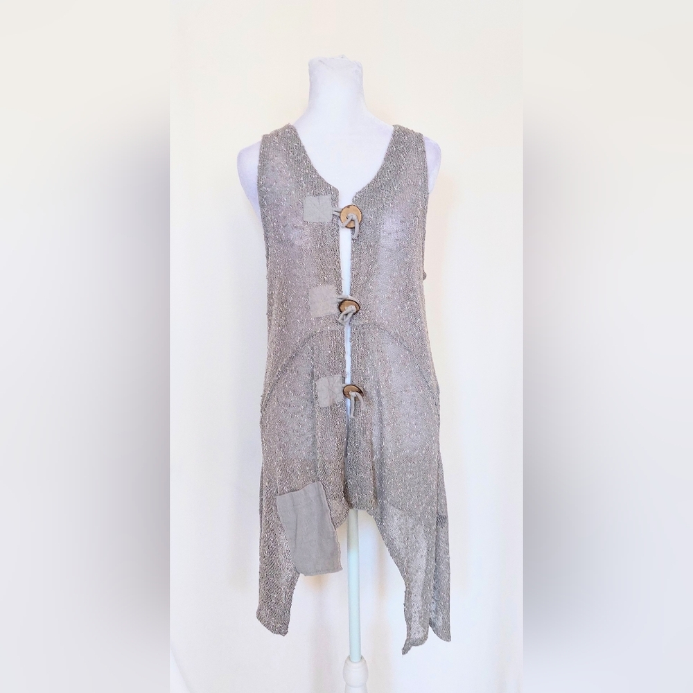 Kaktus Button Down Knit Mesh Medium Length Sleeveless Cardigan Gray Size Large